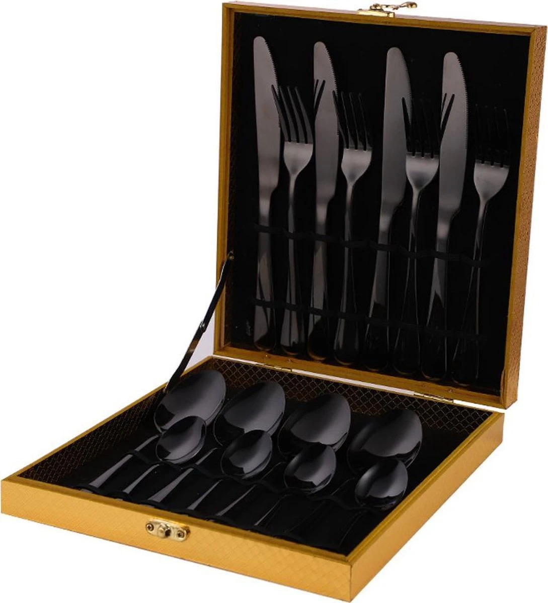 SMILON Bestekset In Koffer Zwart - 16 Delig Messen Vorken Lepels Voor 4 Personen - Camping - Ideaal Voor Reizen, Kamperen, Thuis 1 SMILON Bestekset In Koffer Zwart - 16 Delig Messen Vorken Lepels Voor 4 Personen - Camping - Ideaal Voor Reizen, Kamperen, Thuis