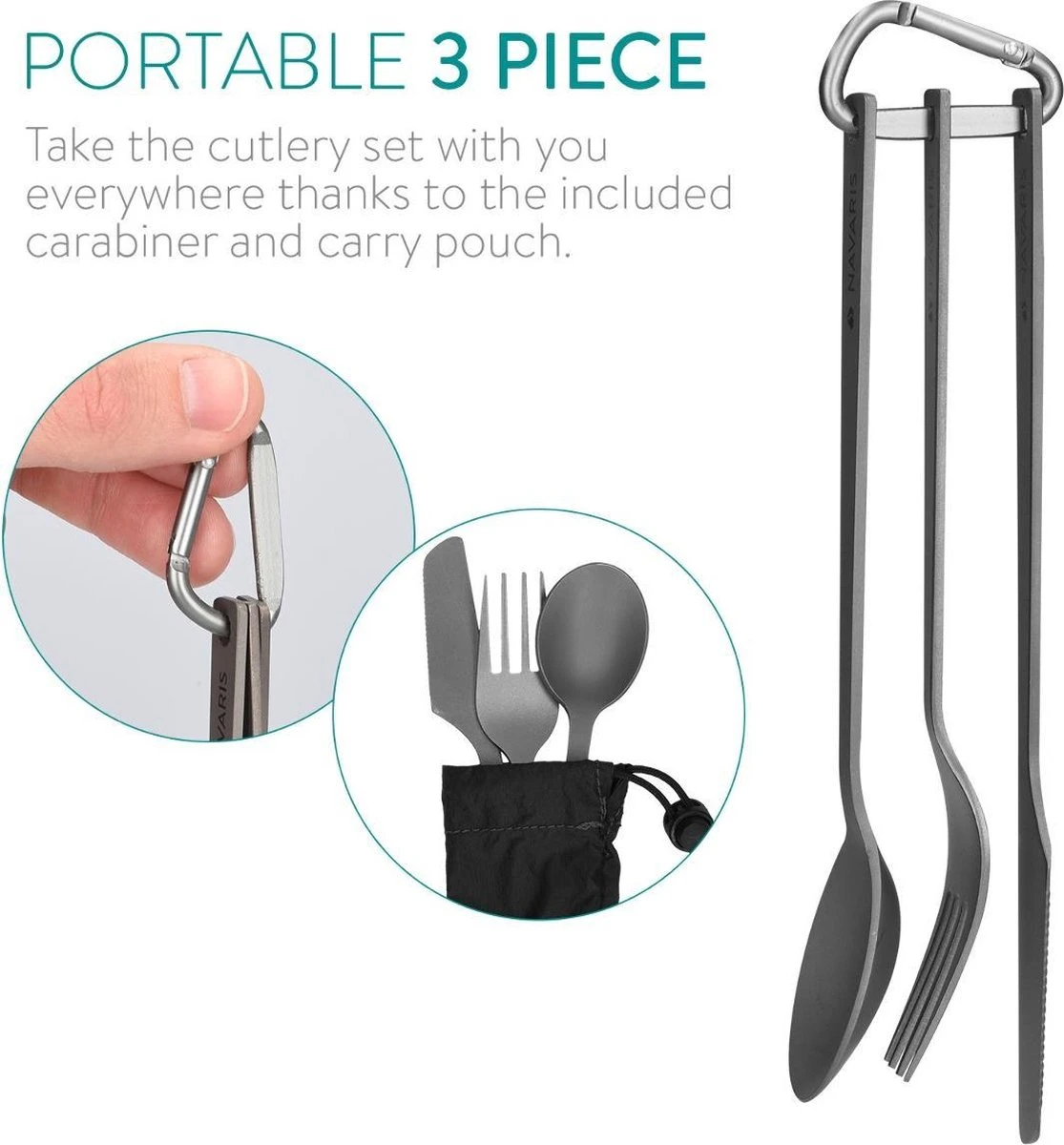 Navaris Campingbestek Van Titanium - Set Met Vork, Mes En Lepel - Bestekset Voor Onderweg En Op Reis - Inclusief Karabijnhaak En Bewaarzakje 5 Navaris Campingbestek Van Titanium - Set Met Vork, Mes En Lepel - Bestekset Voor Onderweg En Op Reis - Inclusief Karabijnhaak En Bewaarzakje - Afbeelding 5