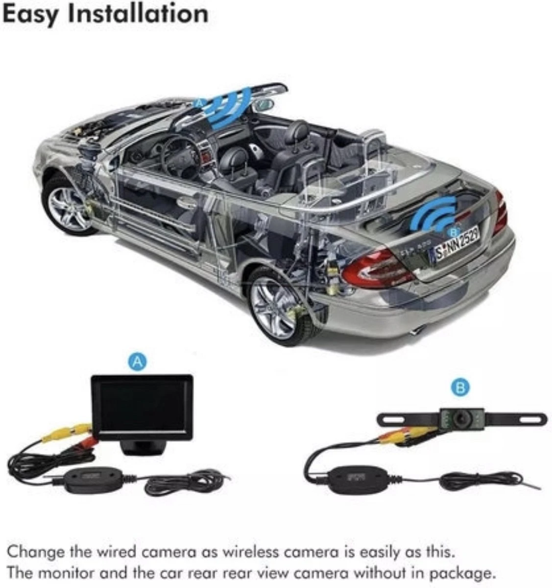Draadloos Achteruitrijcamera 170 Graden Kijkhoek/Parkeerhulp/LED/Nachtzicht + Kentekenplaat Houder + Draadloos Module 2 Draadloos Achteruitrijcamera 170 Graden Kijkhoek/Parkeerhulp/LED/Nachtzicht + Kentekenplaat Houder + Draadloos Module - Afbeelding 2