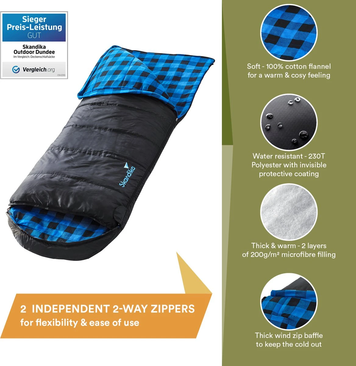 Skandika Dundee Flannel-L Slaapzak – Mummmieslaapzakken – Slaapzakken Volwassen - Maat M – Unisex - Katoen, Luxe Kwaliteit, Dubbele Slaapzak, 3 Seizoenen, Tot -20°C - 220 X 80 Cm - Outdoor Kampeerslaapzak – Ritssluiting Links - Zwart/blauw 5 Skandika Dundee Flannel-L Slaapzak – Mummmieslaapzakken – Slaapzakken Volwassen - Maat M – Unisex - Katoen, Luxe Kwaliteit, Dubbele Slaapzak, 3 Seizoenen, Tot -20°C - 220 X 80 Cm - Outdoor Kampeerslaapzak – Ritssluiting Links - Zwart/blauw - Image 5