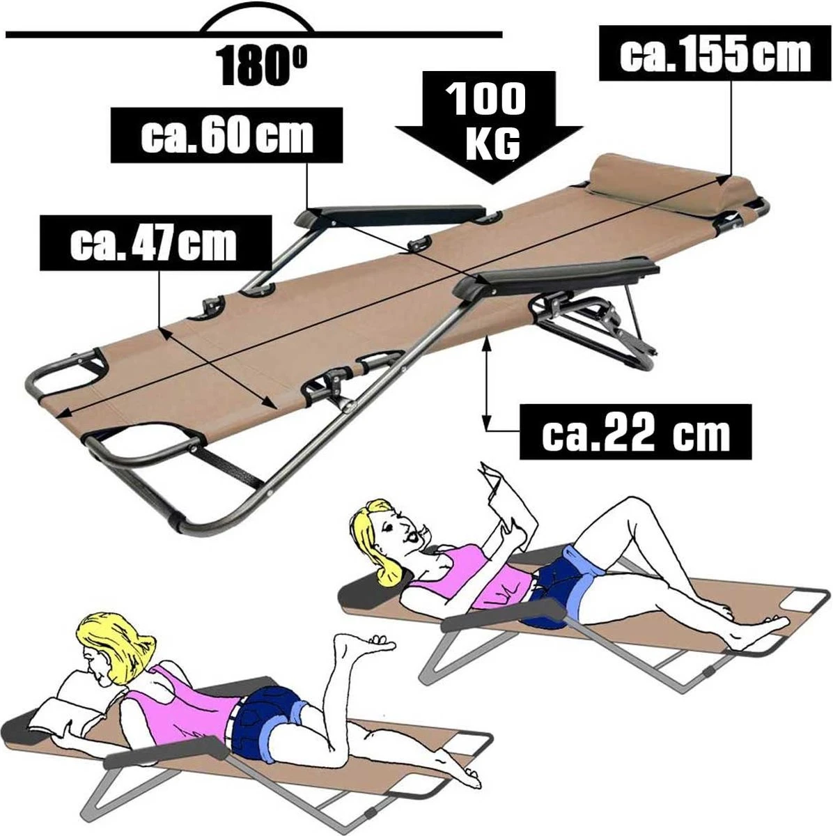 Ligstoel Opvouwbaar 155x60cm - Lichte Ligbed Relaxstoel Tuinstoel Campingstoel Strandstoel 14 Ligstoel Opvouwbaar 155x60cm - Lichte Ligbed Relaxstoel Tuinstoel Campingstoel Strandstoel - Image 14
