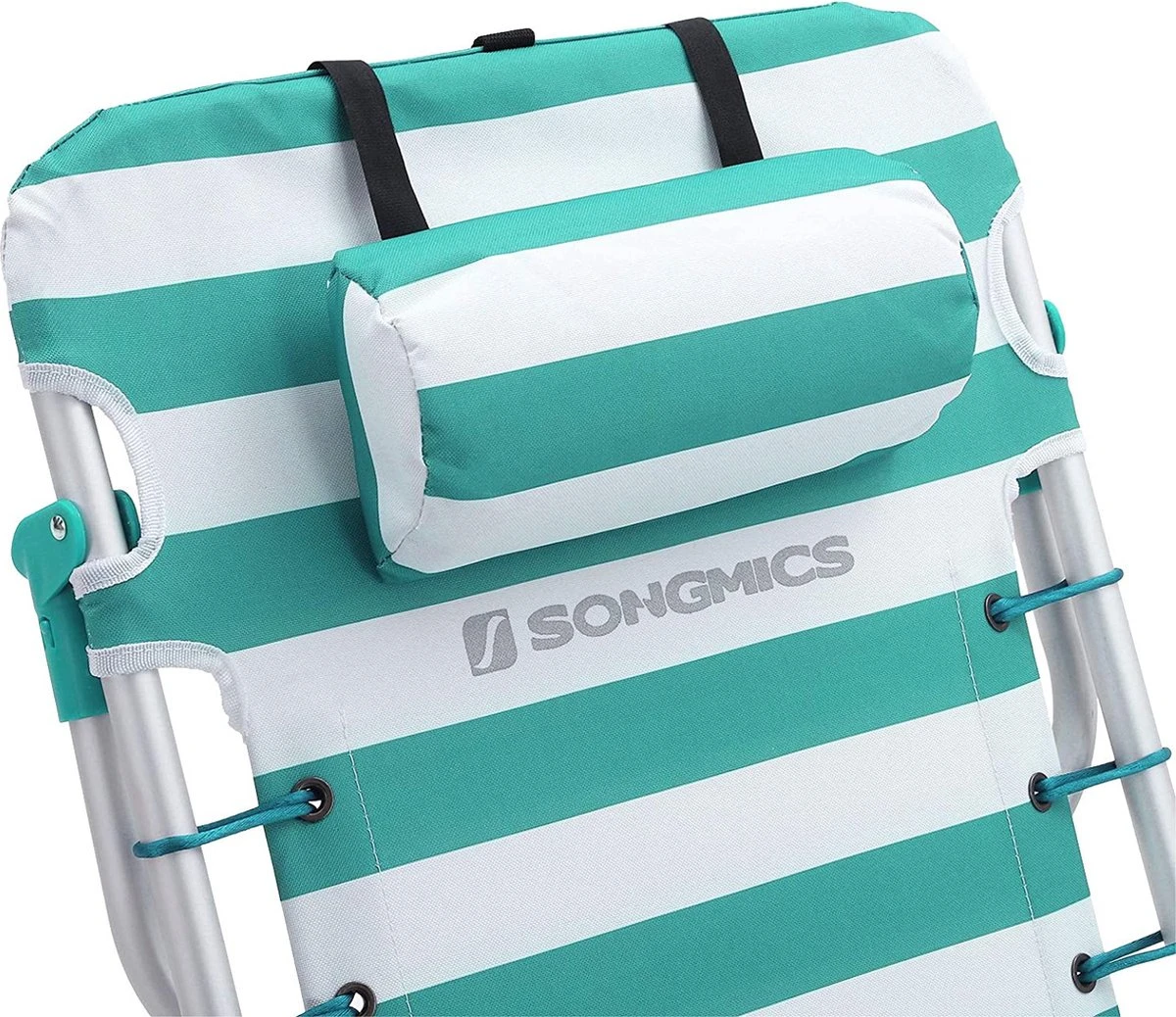 Strandstoel Met Afneembare Hoofdsteun, Draagbare Klapstoel, Campingstoel, Rugleuning Tot 180° Verstelbaar, Met Bekerhouder En Zijvak, Groene En Witte Strepen GCB62JW 6 Strandstoel Met Afneembare Hoofdsteun, Draagbare Klapstoel, Campingstoel, Rugleuning Tot 180° Verstelbaar, Met Bekerhouder En Zijvak, Groene En Witte Strepen GCB62JW - Image 6