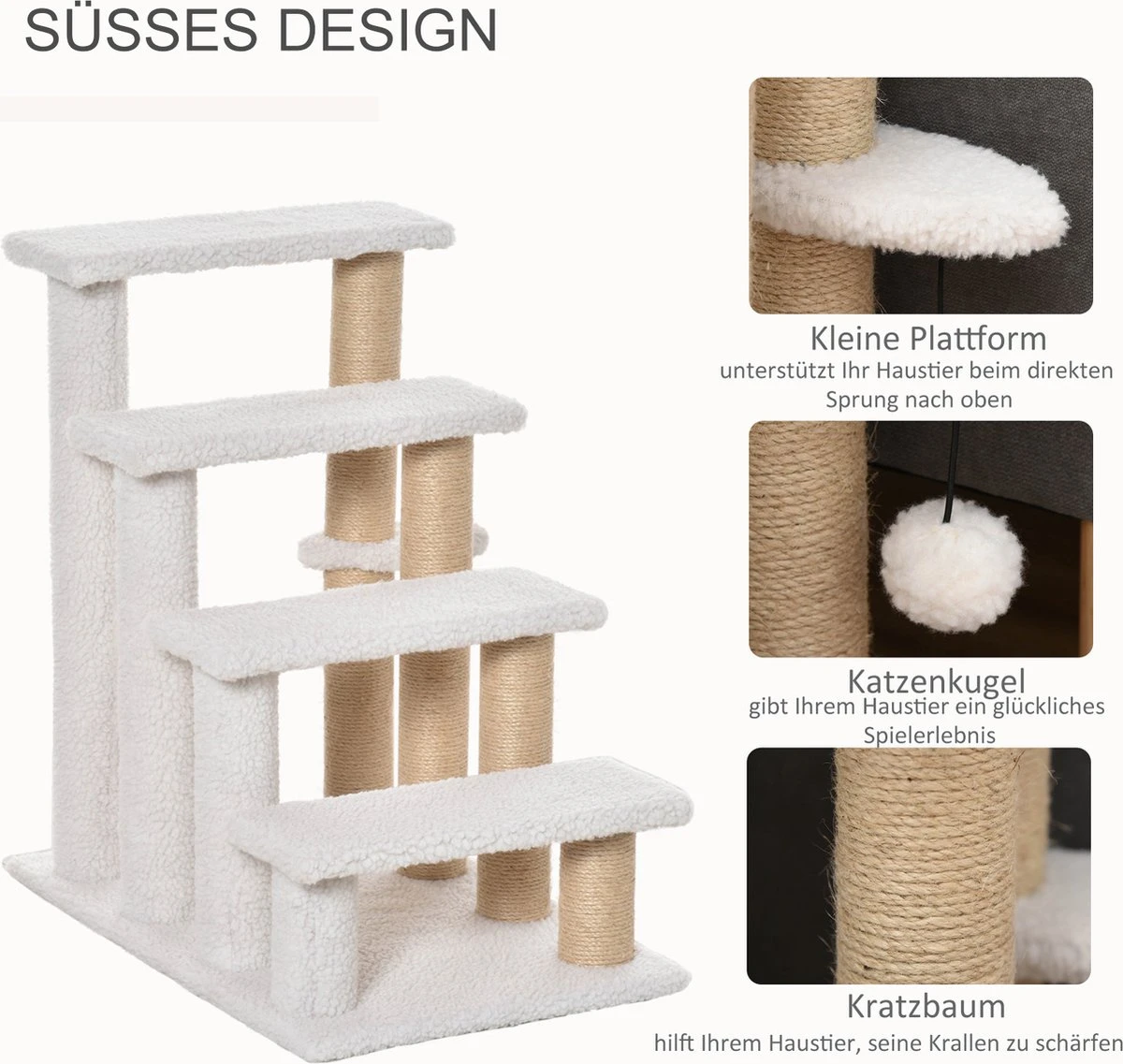 PawHut Huisdierentrap Met Krabpaal Bal 4 Treden Kattentrap Dierentrap Pluche Jute D06-093 6 PawHut Huisdierentrap Met Krabpaal Bal 4 Treden Kattentrap Dierentrap Pluche Jute D06-093 - Afbeelding 6