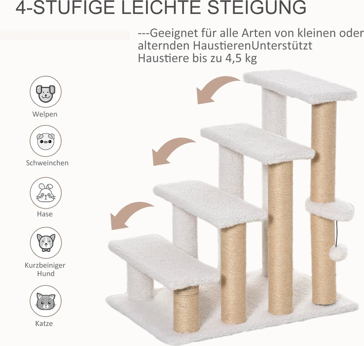 PawHut Huisdierentrap Met Krabpaal Bal 4 Treden Kattentrap Dierentrap Pluche Jute D06-093 4 PawHut Huisdierentrap Met Krabpaal Bal 4 Treden Kattentrap Dierentrap Pluche Jute D06-093 - Afbeelding 4