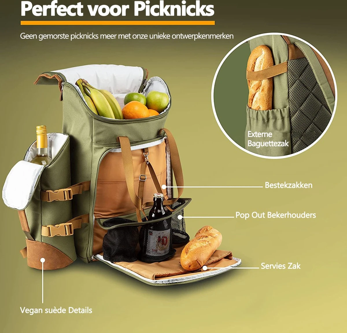Cabinmax Koeltas - Koelrugzak - Picknick - Picknicktas Met Flessenhouder - Koelrugtas 24L - Olive Green 2 Cabinmax Koeltas - Koelrugzak - Picknick - Picknicktas Met Flessenhouder - Koelrugtas 24L - Olive Green - Image 2