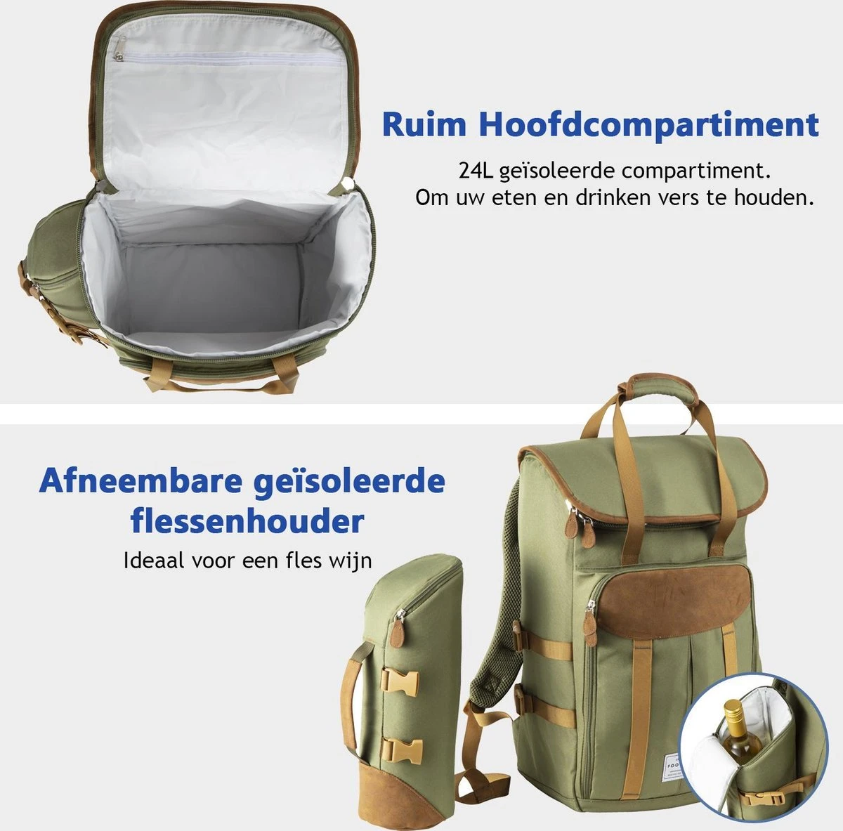 Cabinmax Koeltas - Koelrugzak - Picknick - Picknicktas Met Flessenhouder - Koelrugtas 24L - Olive Green 9 Cabinmax Koeltas - Koelrugzak - Picknick - Picknicktas Met Flessenhouder - Koelrugtas 24L - Olive Green - Image 9