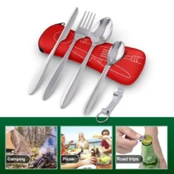 Roestvrij Staal Bestek (kampeerset) – Draagbare Reislepels, -vork En -mes Voor Festivals, Camping Of Trektochten - Wordt Geleverd Met Een Neopreen Draagtasje Met Een Lichtgewicht Flesopener -Campingwinkels 1200x1200 1135