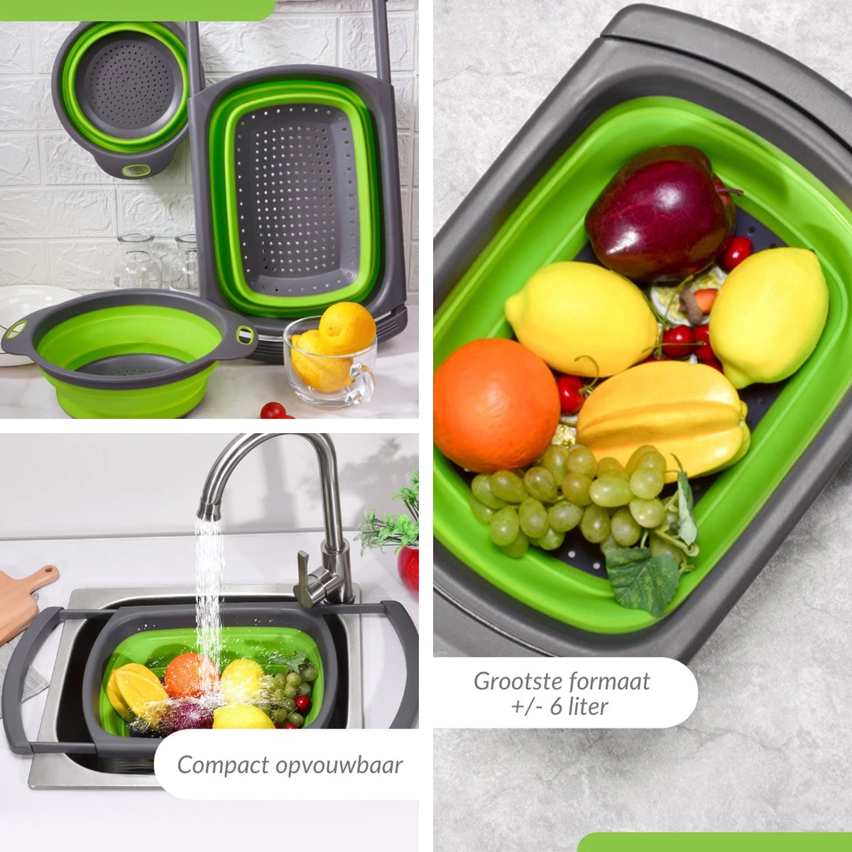 Buxibo - 3-Delige Keuken Vergiet Set Inklapbaar Groen/Grijs 8 Buxibo - 3-Delige Keuken Vergiet Set Inklapbaar Groen/Grijs - Image 8