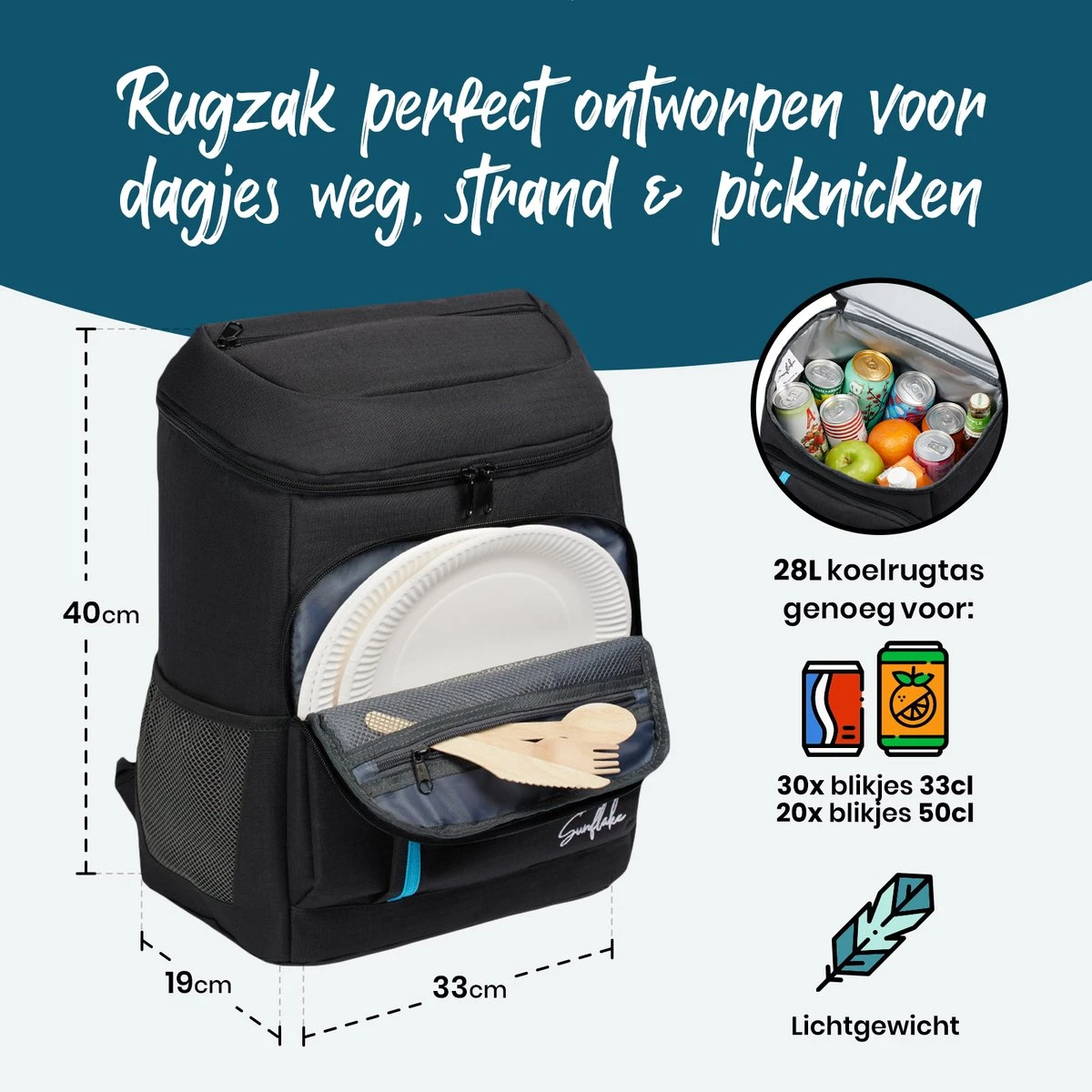 Sunflake Koelrugzak - Lunchtas - Koeltas Backpack Voor Dames & Heren - Zwart 3 Sunflake Koelrugzak - Lunchtas - Koeltas Backpack Voor Dames & Heren - Zwart - Image 3