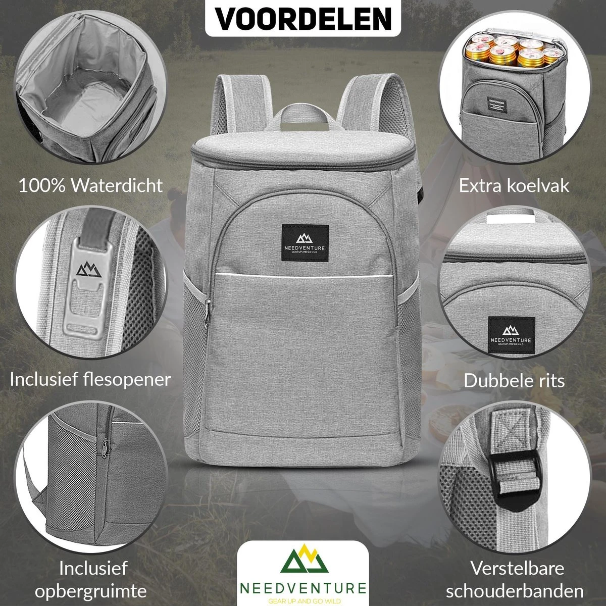 Needventure Koeltas - Lunchtas - Koelrugtas - Picknicktas - 20 Liter - Flessenhouder - Bieropener - Grijs 4 Needventure Koeltas - Lunchtas - Koelrugtas - Picknicktas - 20 Liter - Flessenhouder - Bieropener - Grijs - Image 4