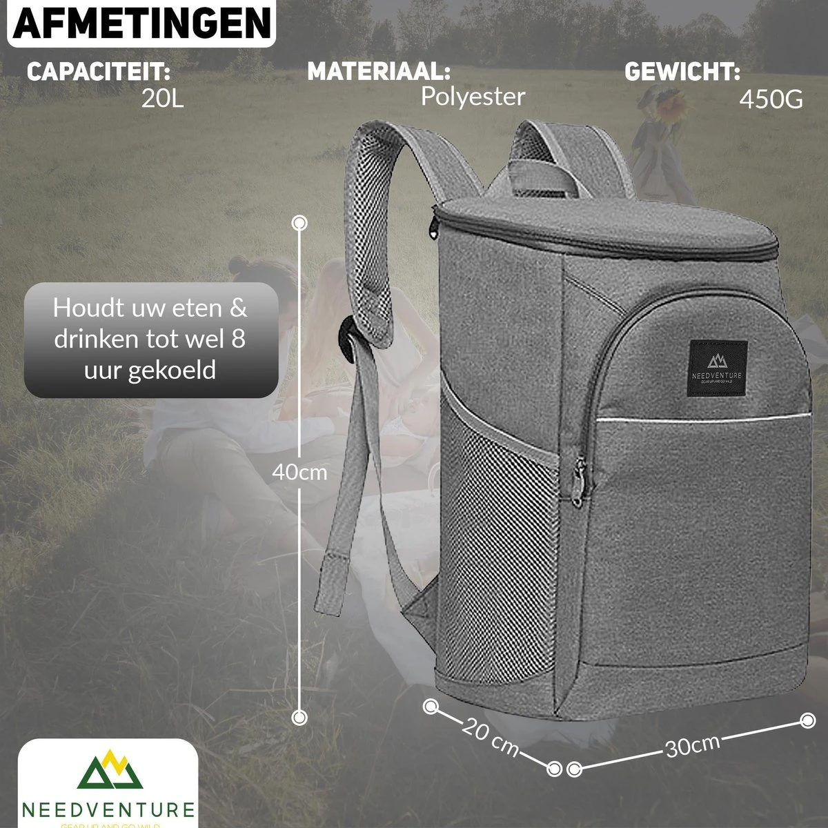 Needventure Koeltas - Lunchtas - Koelrugtas - Picknicktas - 20 Liter - Flessenhouder - Bieropener - Grijs 5 Needventure Koeltas - Lunchtas - Koelrugtas - Picknicktas - 20 Liter - Flessenhouder - Bieropener - Grijs - Image 5