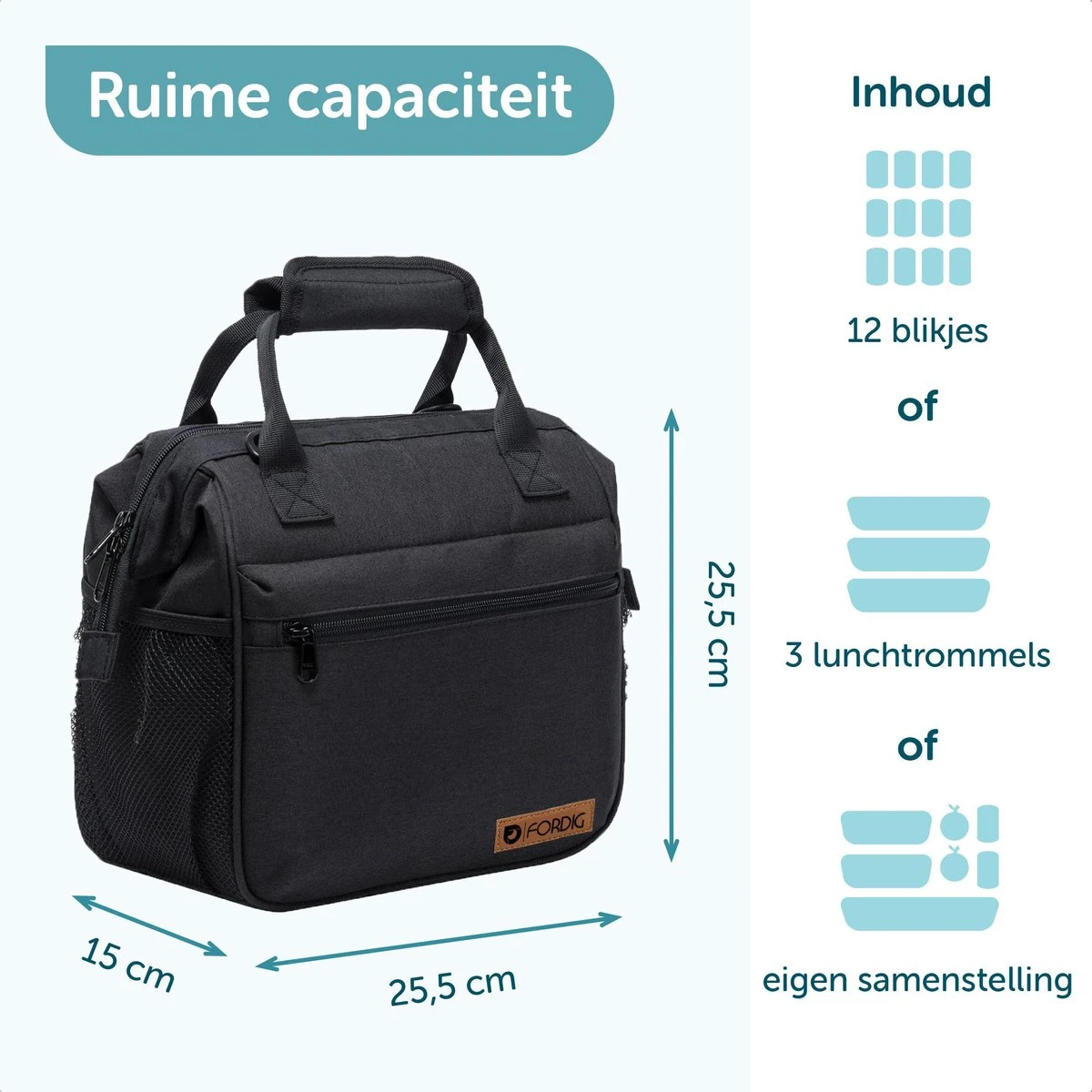 ForDig Lunchtas Zwart - Koeltas Gemaakt Van 600D Polyester Met PEVA-Voering - Ruimte Voor Lunchtrommel / Snacks / Blikjes - Koel Tas Met Mesh Opbergruimtes En Ruimte Voor Bestek - Lunch Tas Cool Bag - Coolerbag - Kleine Cooler 4 ForDig Lunchtas Zwart - Koeltas Gemaakt Van 600D Polyester Met PEVA-Voering - Ruimte Voor Lunchtrommel / Snacks / Blikjes - Koel Tas Met Mesh Opbergruimtes En Ruimte Voor Bestek - Lunch Tas Cool Bag - Coolerbag - Kleine Cooler - Image 4