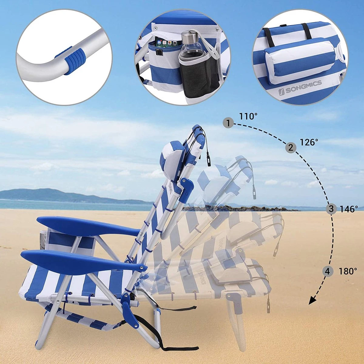 Naqsh Store Strandstoel Met Hoofdkussen, Aluminium, Draagbare Vouwstoel, Campingstoel, Opvouwbaar En Verstelbaar, Zoals Een Rugzak Draagbaar, Buitenstoel, Blauw En Wit Gestreept GCB62BU 7 Naqsh Store Strandstoel Met Hoofdkussen, Aluminium, Draagbare Vouwstoel, Campingstoel, Opvouwbaar En Verstelbaar, Zoals Een Rugzak Draagbaar, Buitenstoel, Blauw En Wit Gestreept GCB62BU - Image 7