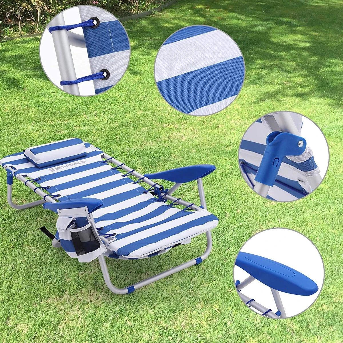 Naqsh Store Strandstoel Met Hoofdkussen, Aluminium, Draagbare Vouwstoel, Campingstoel, Opvouwbaar En Verstelbaar, Zoals Een Rugzak Draagbaar, Buitenstoel, Blauw En Wit Gestreept GCB62BU 9 Naqsh Store Strandstoel Met Hoofdkussen, Aluminium, Draagbare Vouwstoel, Campingstoel, Opvouwbaar En Verstelbaar, Zoals Een Rugzak Draagbaar, Buitenstoel, Blauw En Wit Gestreept GCB62BU - Image 9
