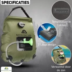 Needventure Solar Douche - Camping Douchezak - Buiten Douche - Tuindouche - Inclusief Thermometer - Waterzak Met Douchekop - 20L - Groen -Campingwinkels 1200x1200 696